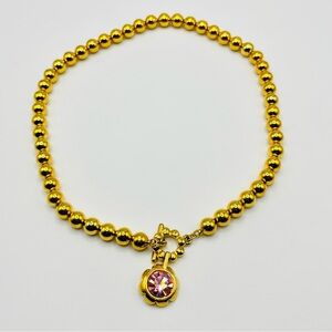 Vintage Trifari TM Gold Tone Choker Toggle Clasp With Pink Crystal Pendant 16”